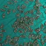 Bottle Green Botanical Beaded Tulle — featuring floral motifs, a 3D floral design and hand-beading, 50% nylon 50% polyester, 130cm wide