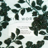 Bottle Green Botanical Beaded Tulle — featuring floral motifs, a 3D floral design and hand-beading, 50% nylon 50% polyester, 130cm wide
