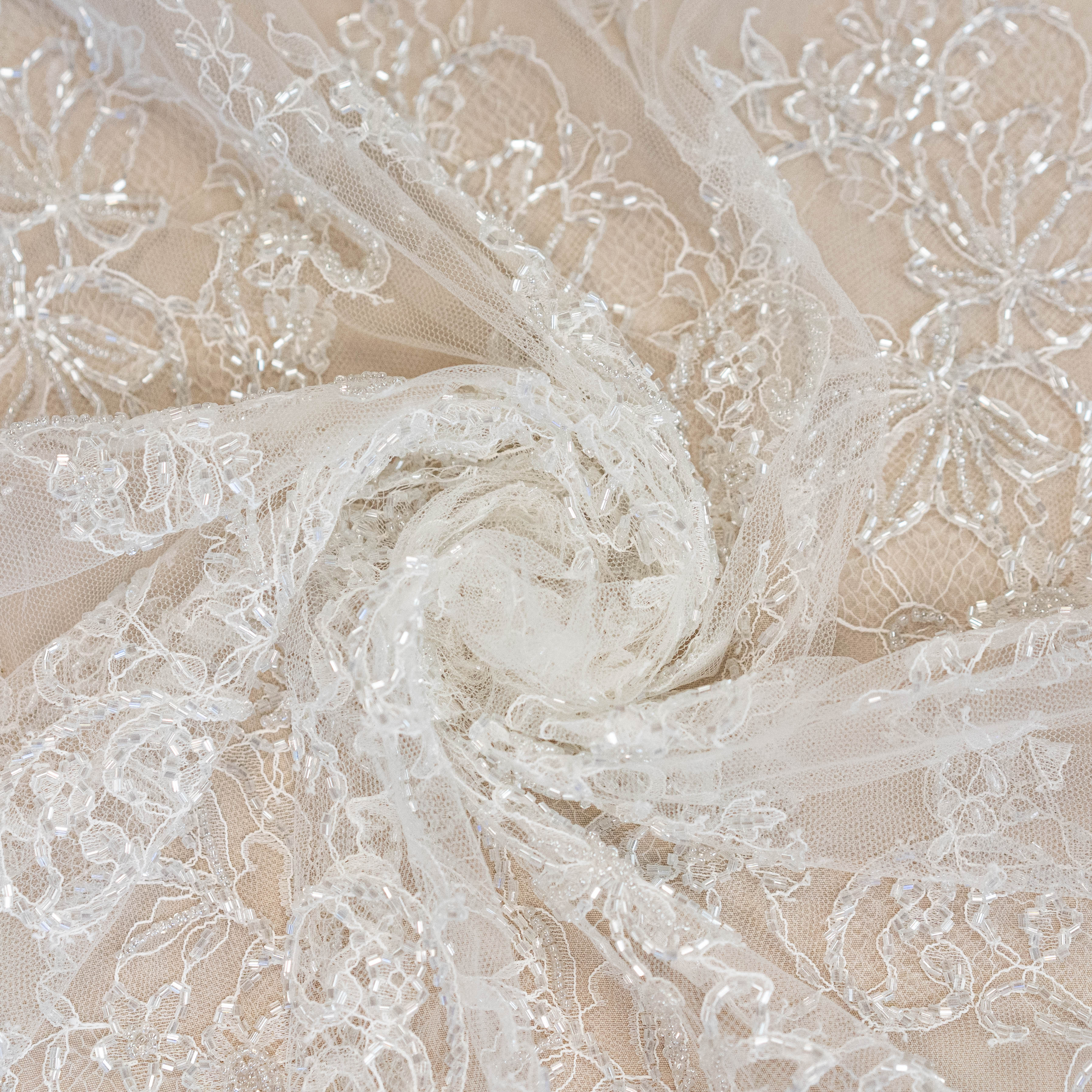 Floral Motif Beaded Fine Lace (1658BD) - Ivory