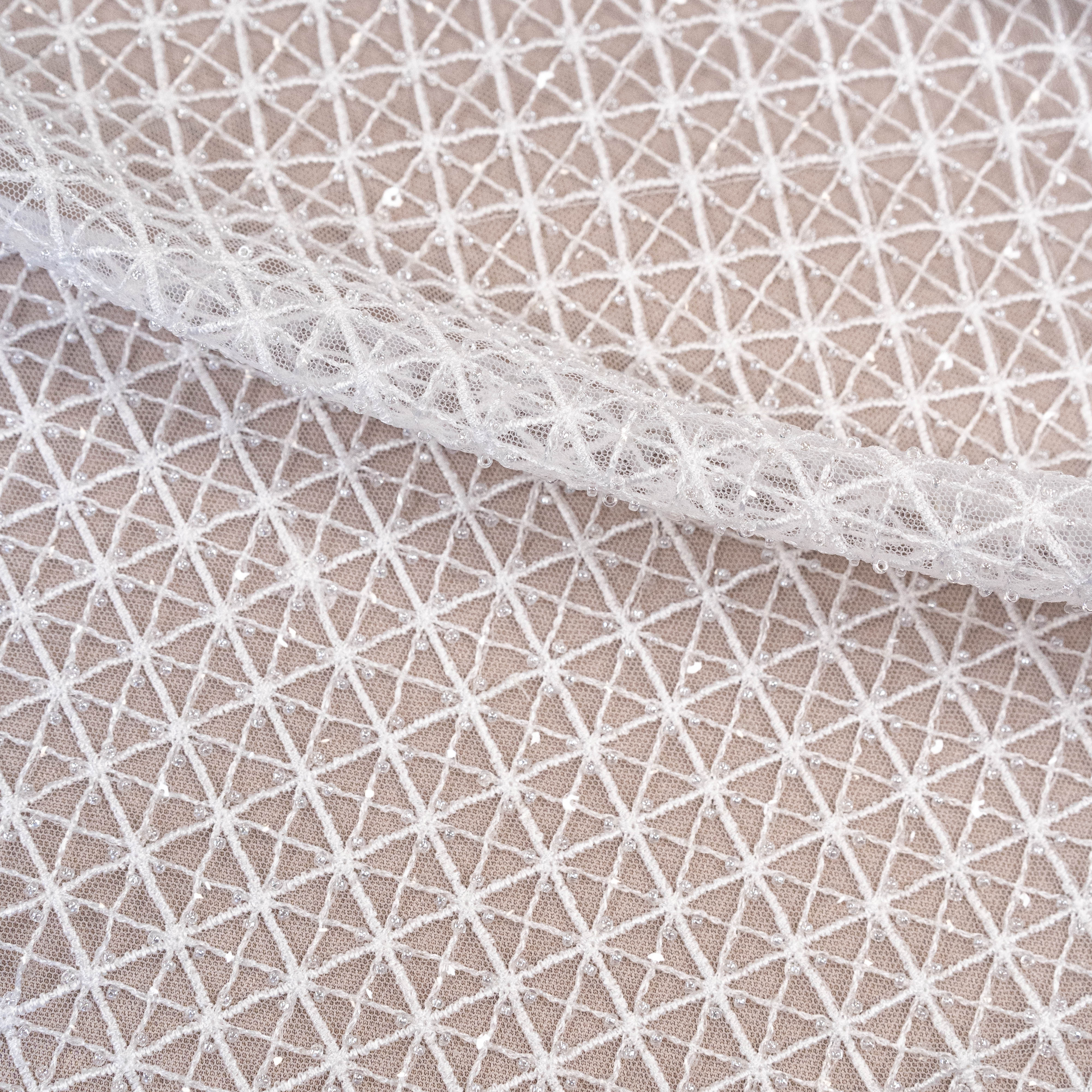 White Lattice Embroidered Tulle — featuring hand-beading and sequins, 50% nylon 50% rayon, 130cm wide