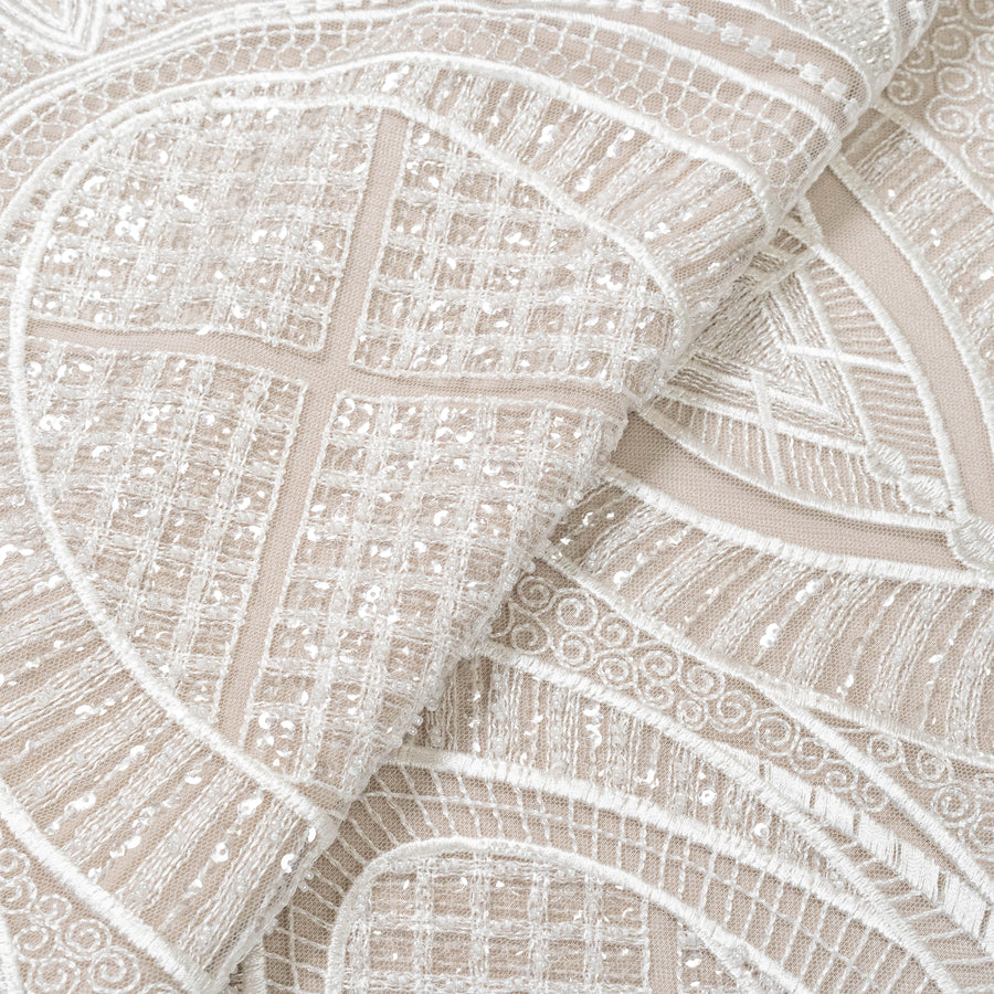 Ivory Embellished Tulle — featuring scalloped edges and hand-beading, 50% nylon 50% rayon, 130cm wide