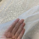 Off White / Silver Glitter Tulle — lightweight and soft, 100% nylon, 150cm wide
