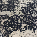 Black Beaded Fine Lace — featuring scalloped edges, eyelash detail and floral motifs, in nylon and viscose, 130cm wide