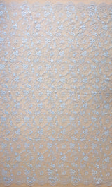 Sky Blue Fine Lace — featuring scalloped edges and floral motifs, in viscose and nylon, 140cm wide