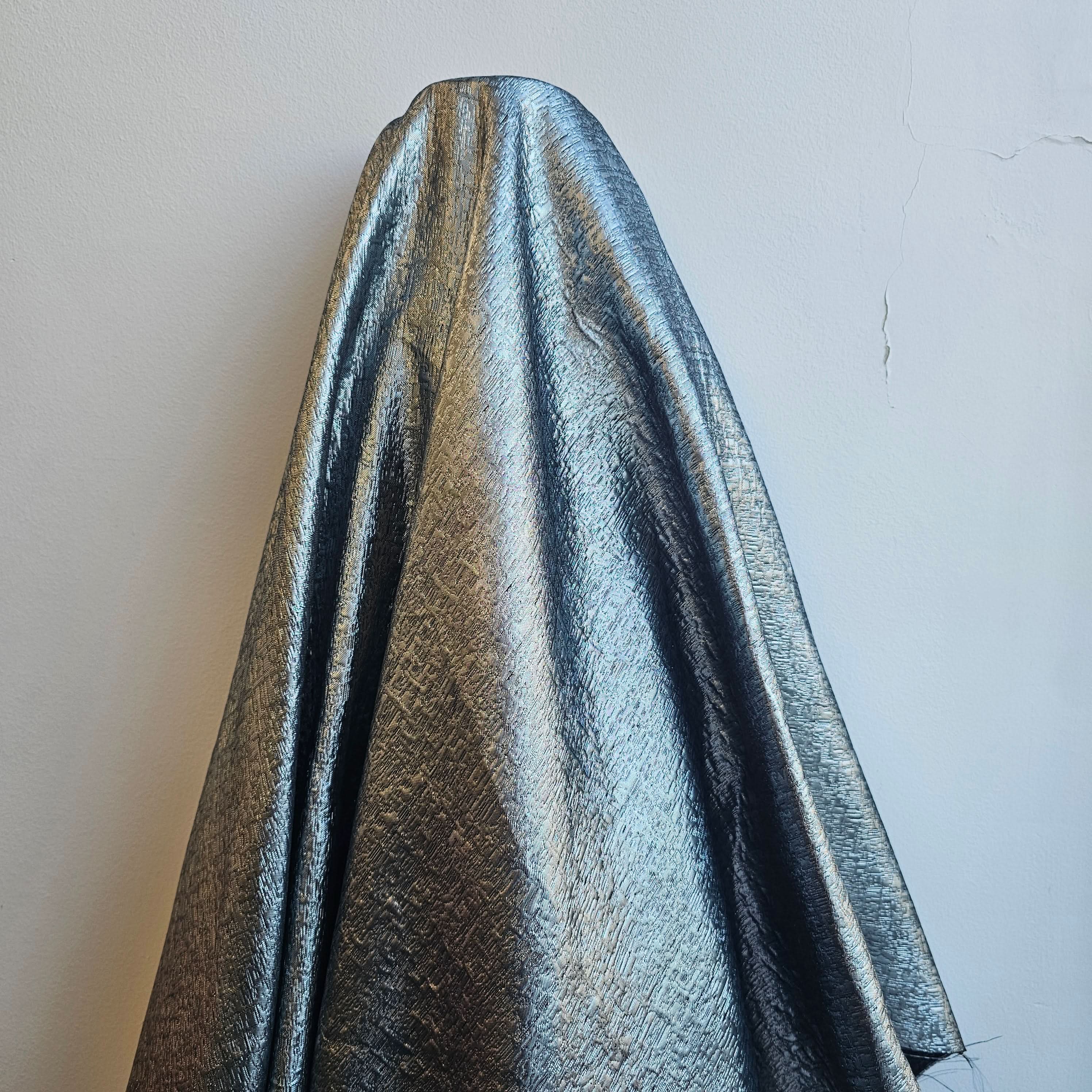Gunmetal Metallic Jacquard — featuring a woven metallic jacquard design with a soft feel and stiff drape, 140cm wide