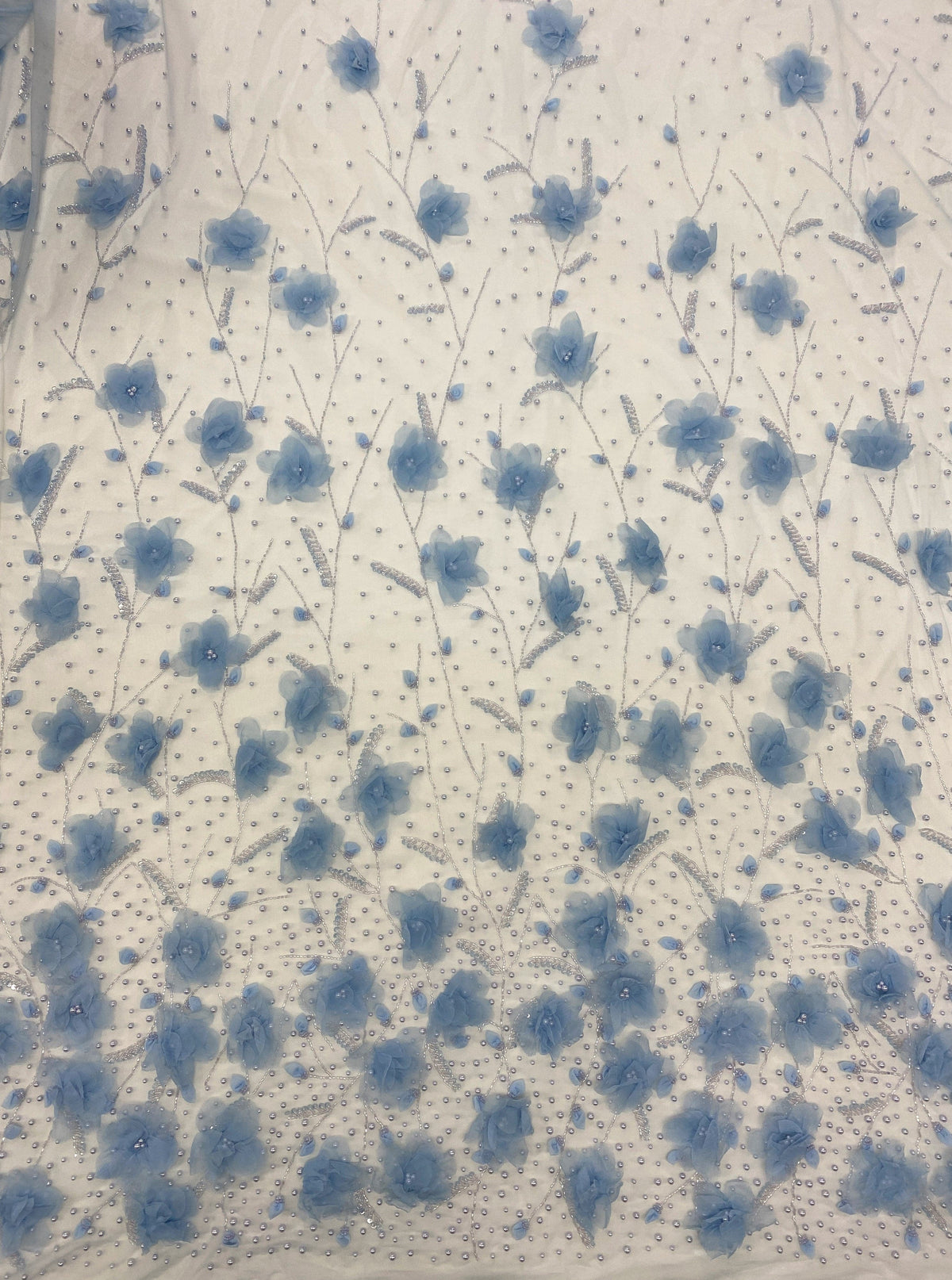 3D Flower Pearl Embellished Tulle (K25905) - Pale Blue
