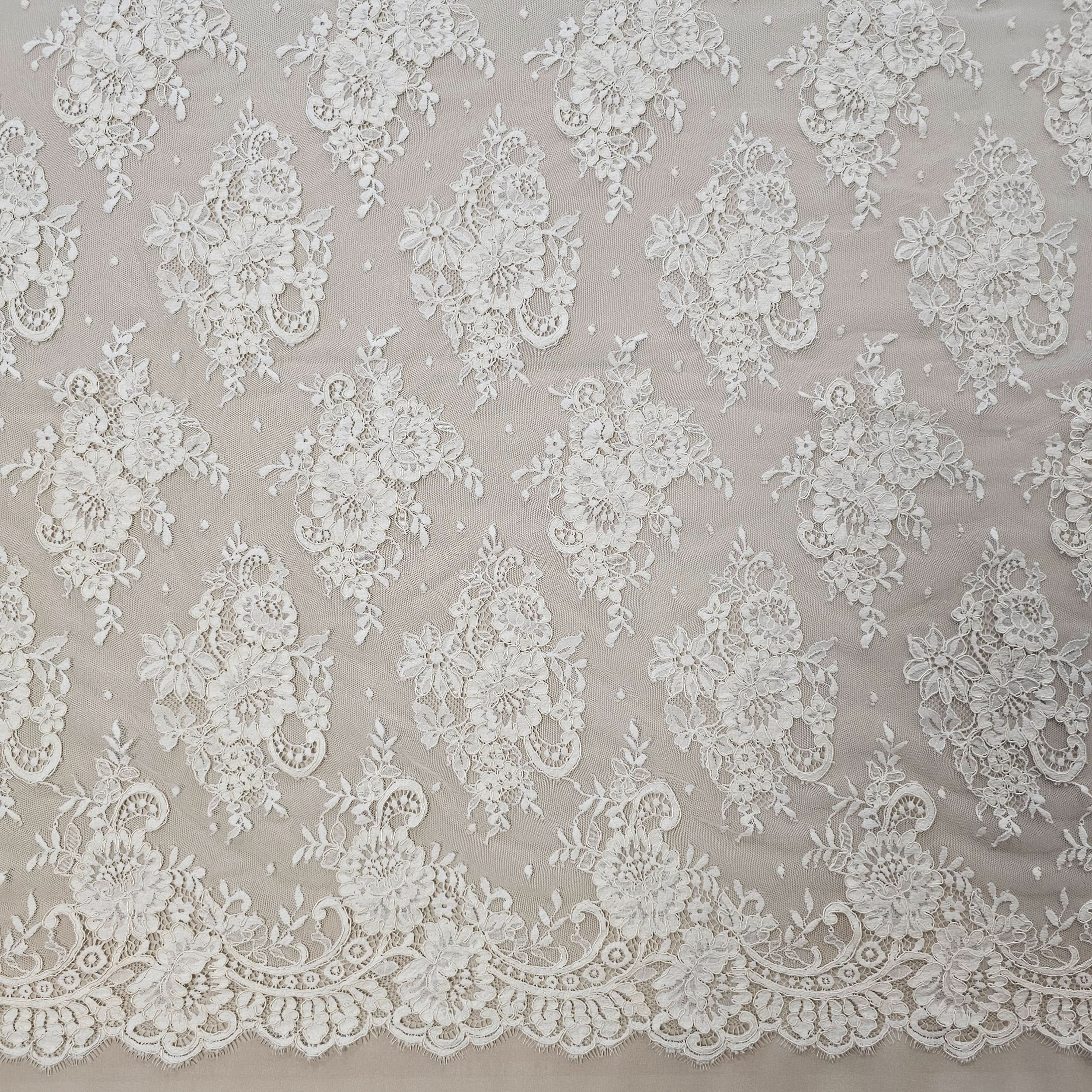 Mid Ivory Floral Corded Lace — featuring scalloped edges, floral motifs and a corded texture, 140cm wide