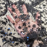 Black Sequin Tulle — featuring hand-beading and sequins, 50% rayon 50% nylon, 130cm wide
