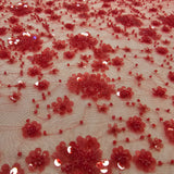 Deep Red Sequin Tulle — featuring hand-beading and sequins, 50% rayon 50% nylon, 130cm wide
