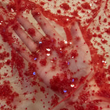 Deep Red Sequin Tulle — featuring hand-beading and sequins, 50% rayon 50% nylon, 130cm wide