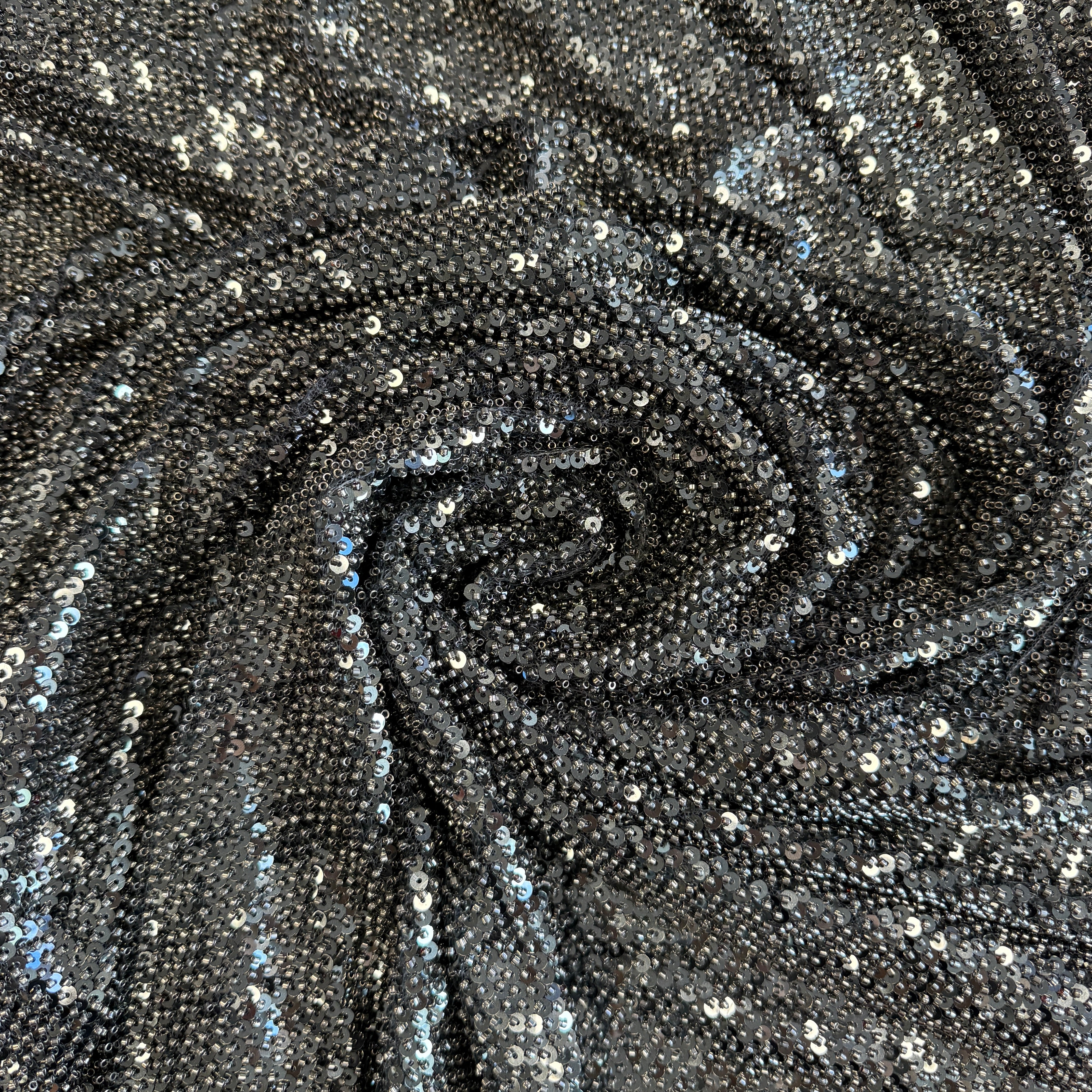 Gunmetal Sequined Tulle — featuring hand-beading and sequins, 50% rayon 50% nylon, 130cm wide