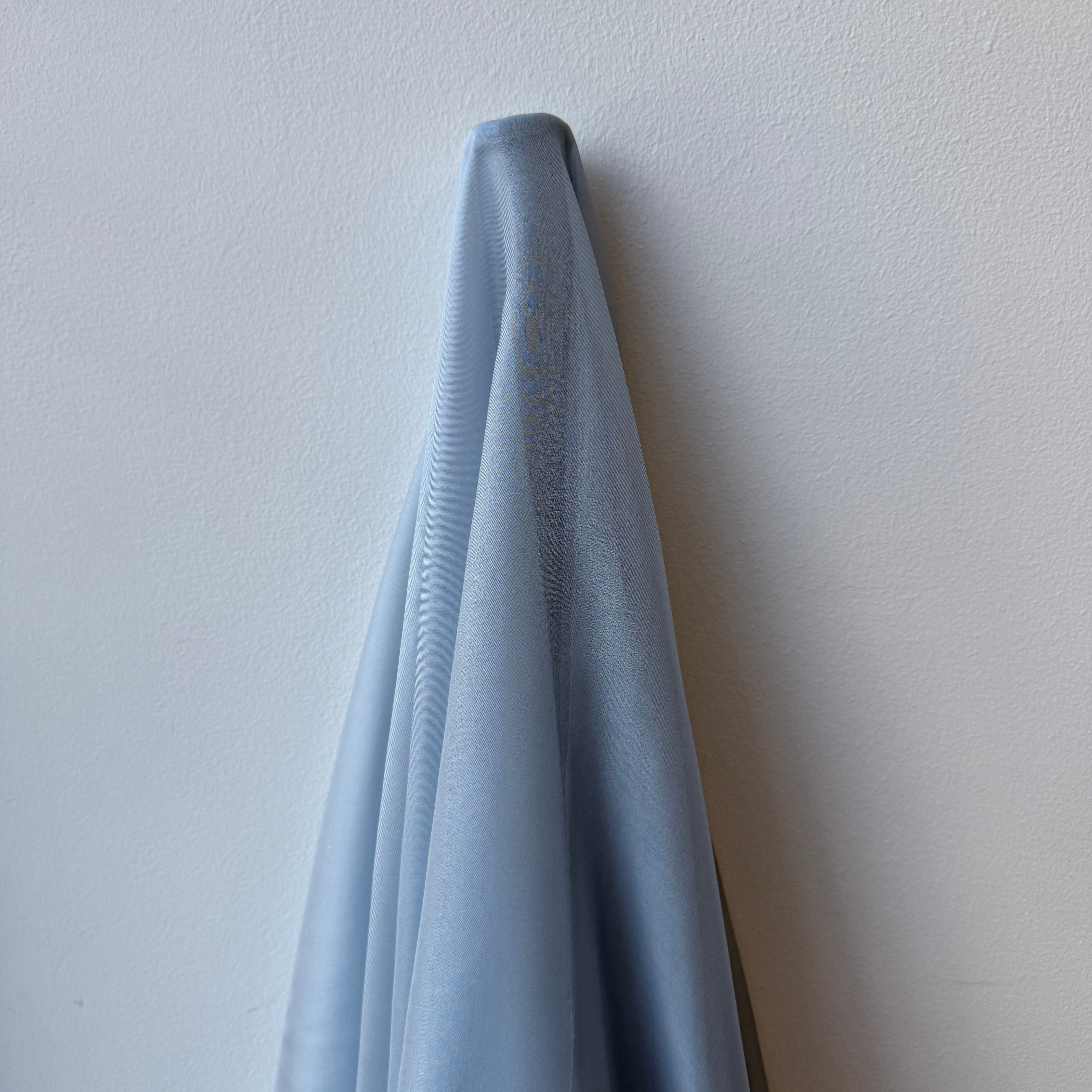 Blue Bell Satin Chiffon — lightweight and sheer with a fluid, airy drape and a smooth satin luster finish, 100% mulberry silk, 140cm wide