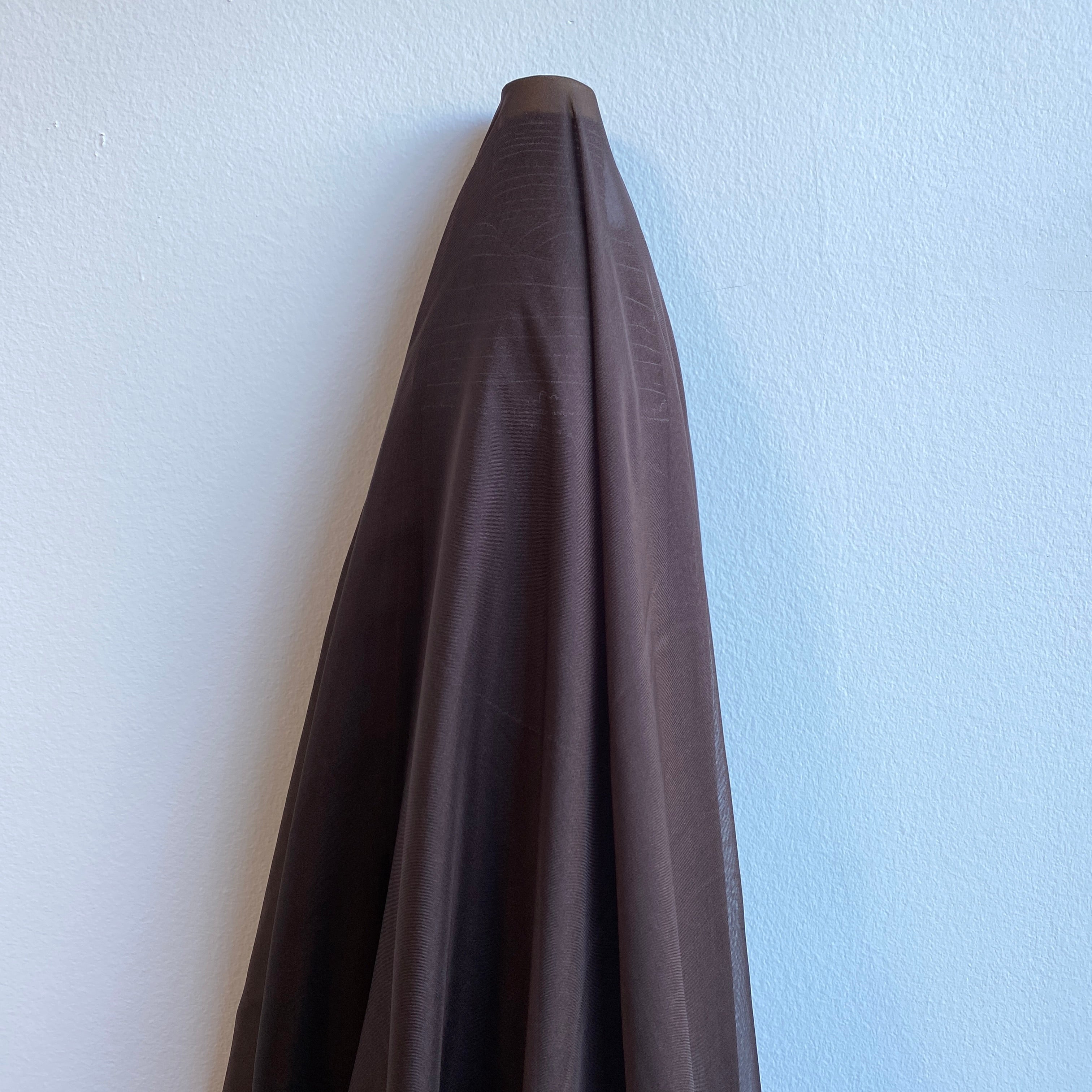 Dark Chocolate Satin Chiffon — lightweight and sheer with a fluid, airy drape and a smooth satin luster finish, 100% mulberry silk, 140cm wide