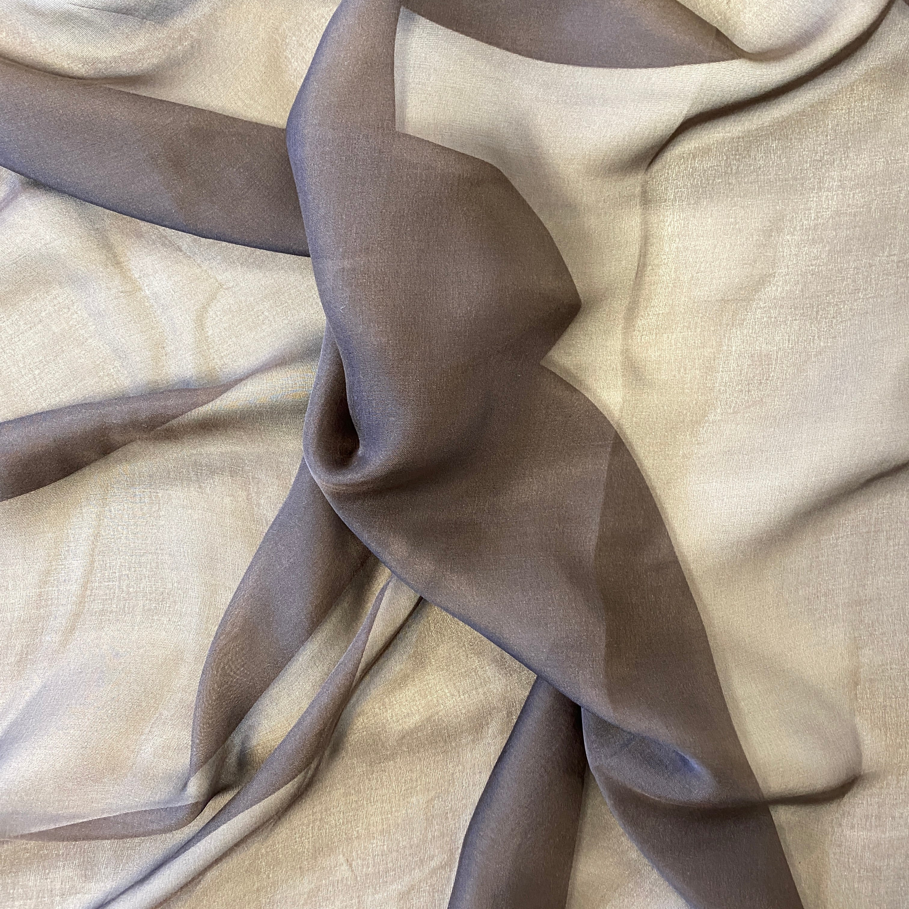 Dark Chocolate Satin Chiffon — lightweight and sheer with a fluid, airy drape and a smooth satin luster finish, 100% mulberry silk, 140cm wide