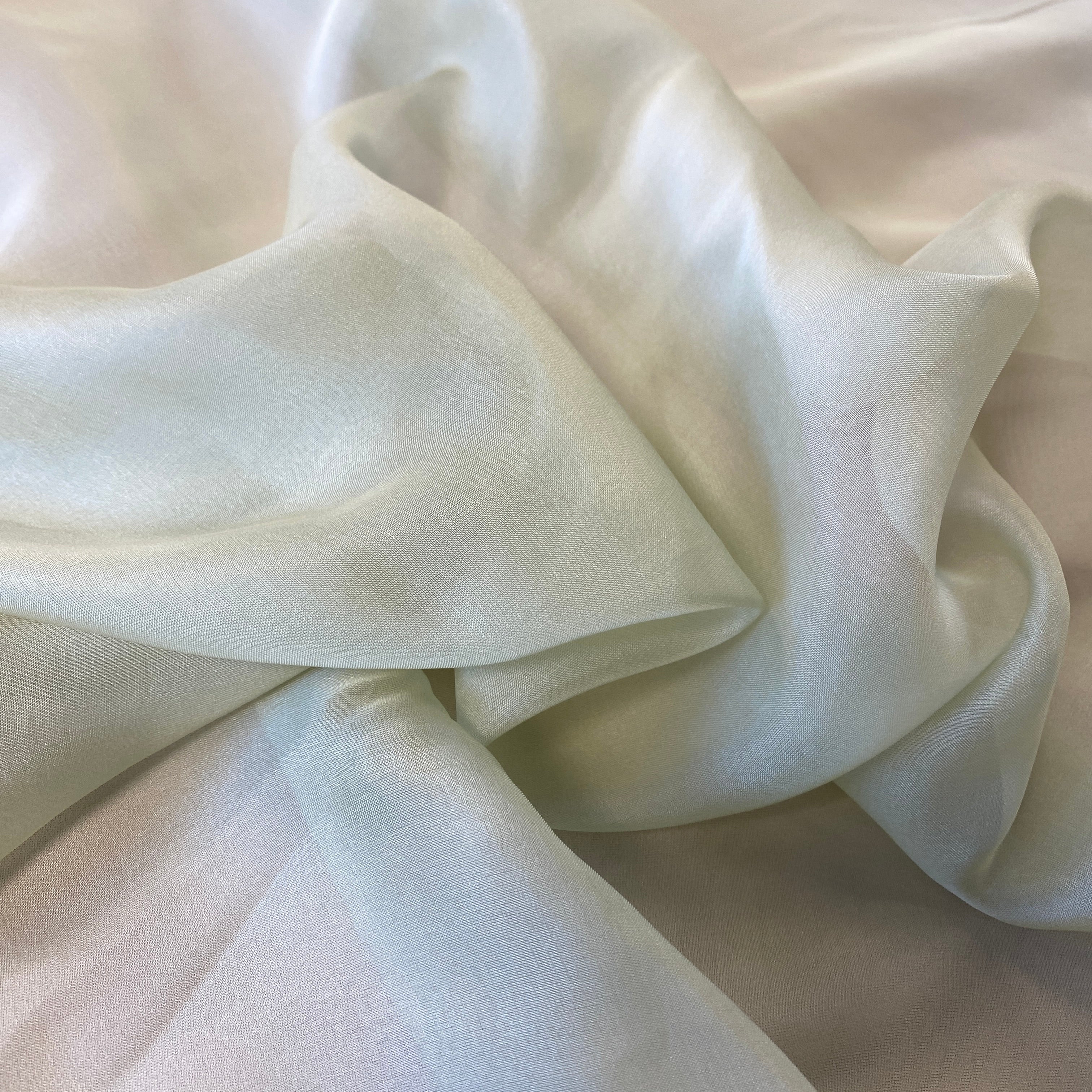 Sage Satin Chiffon — lightweight and sheer with a fluid, airy drape and a smooth satin luster finish, 100% mulberry silk, 140cm wide