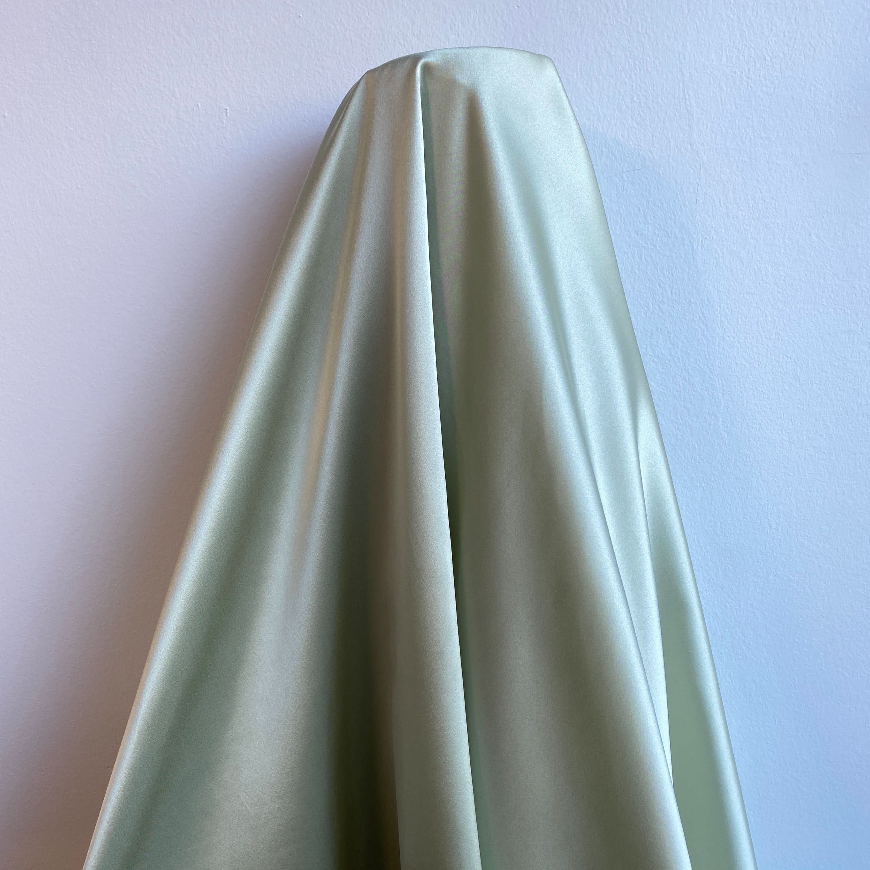 Sage Sandwash Satin — lightweight and soft with a smooth luster satin finish, 100% mulberry silk, 140cm wide