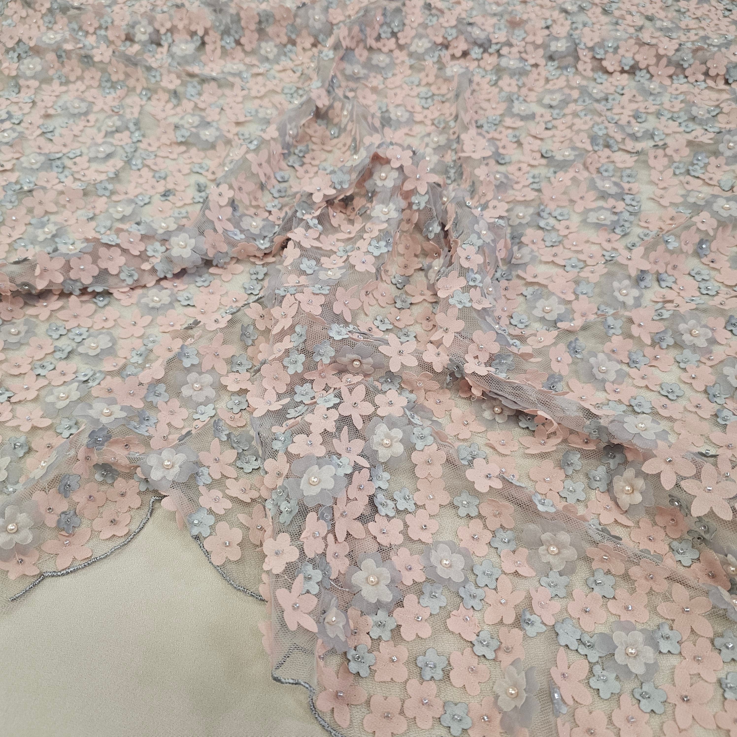 Pink Grey Floral Embellished Tulle — featuring floral motifs, a 3D floral design and hand-beading, 50% nylon 50% rayon, 130cm wide