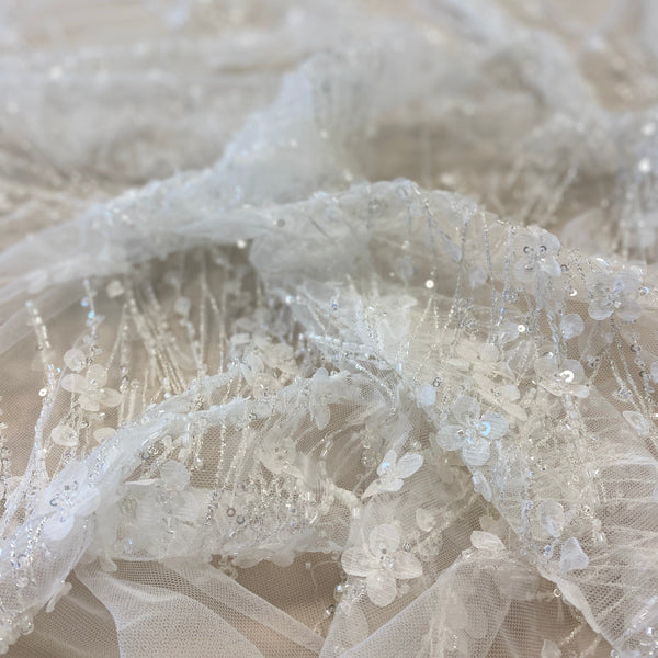 3D Floral Blossom Embroidered Tulle (VJ334344) - Ivory