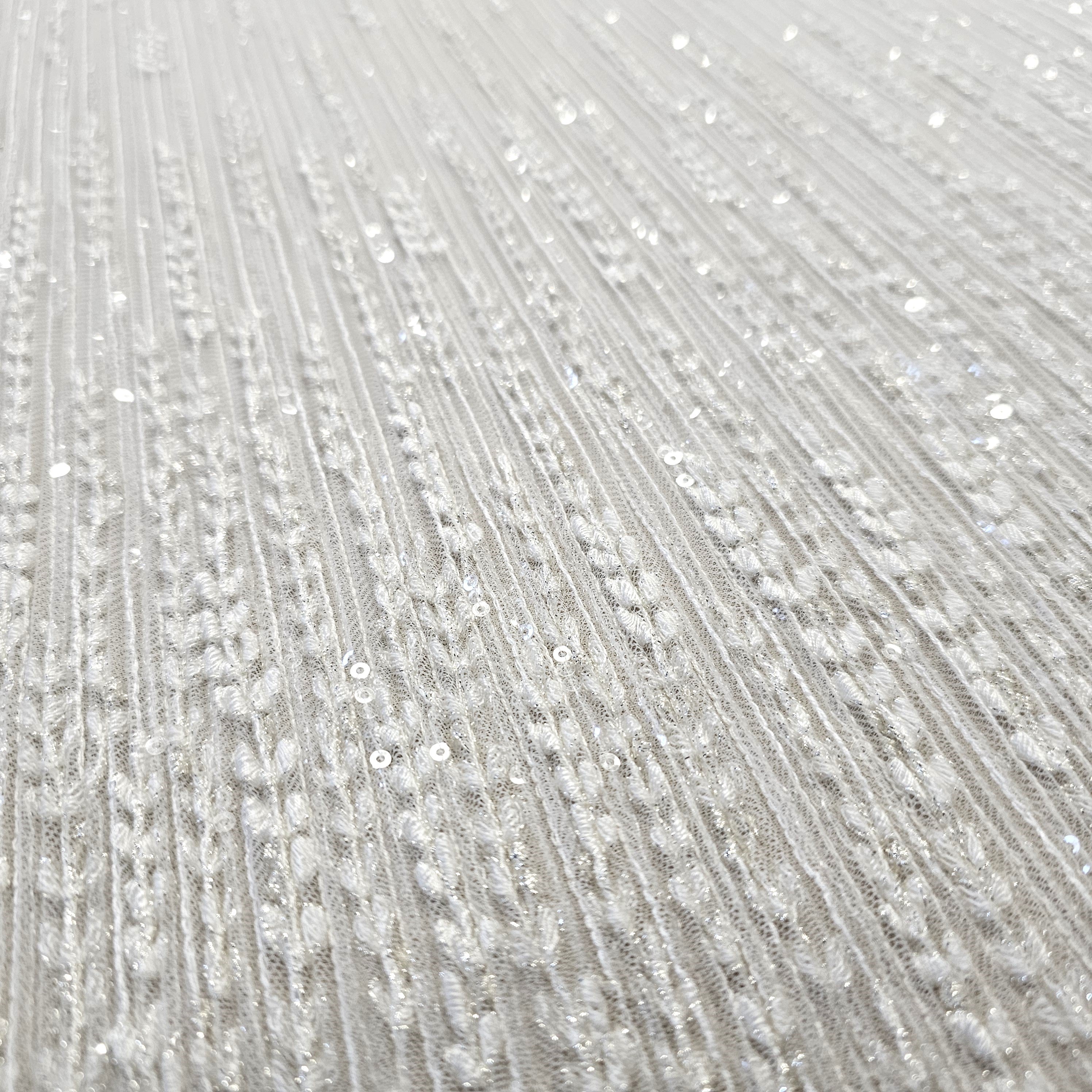 Ivory / Silver Embroidered Floral Tulle — featuring sequins, 60% rayon 40% nylon, 140cm wide