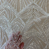 Champagne Embellished Tulle — featuring scalloped edges and hand-beading, 60% rayon 40% nylon, 130cm wide