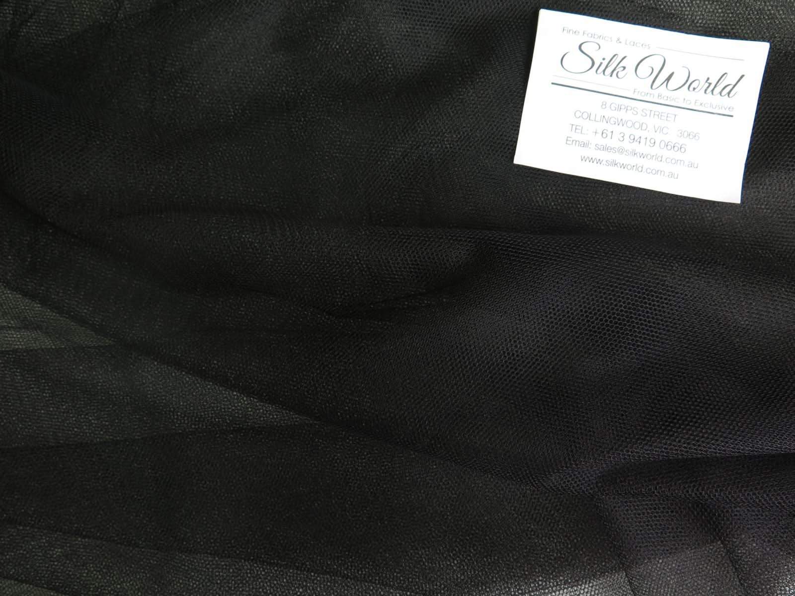 Black Soft Tulle — lightweight and soft, 100% polyester, 300cm wide