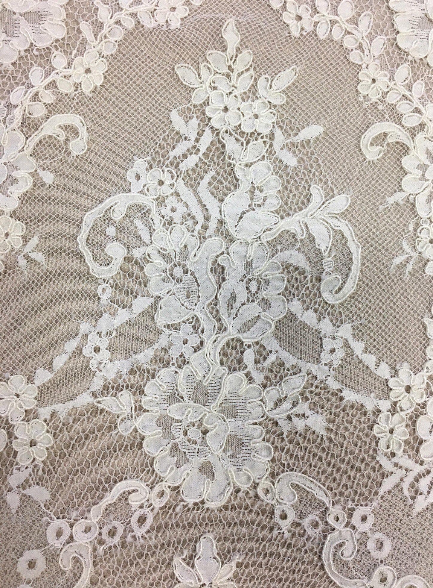 Ivory Abloom Corded Lace — featuring scalloped edges, floral motifs and a corded texture, in nylon and viscose, 130cm wide