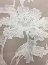 Ivory Large Floral Border Embroidered Tulle — featuring floral motifs and a border design, 55% nylon 45% rayon, 150cm wide