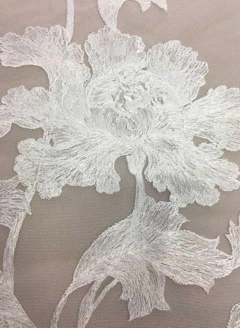 Floral Embroidered border Tulle (1275) Ivory