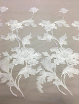 Ivory Large Floral Border Embroidered Tulle — featuring floral motifs and a border design, 55% nylon 45% rayon, 150cm wide