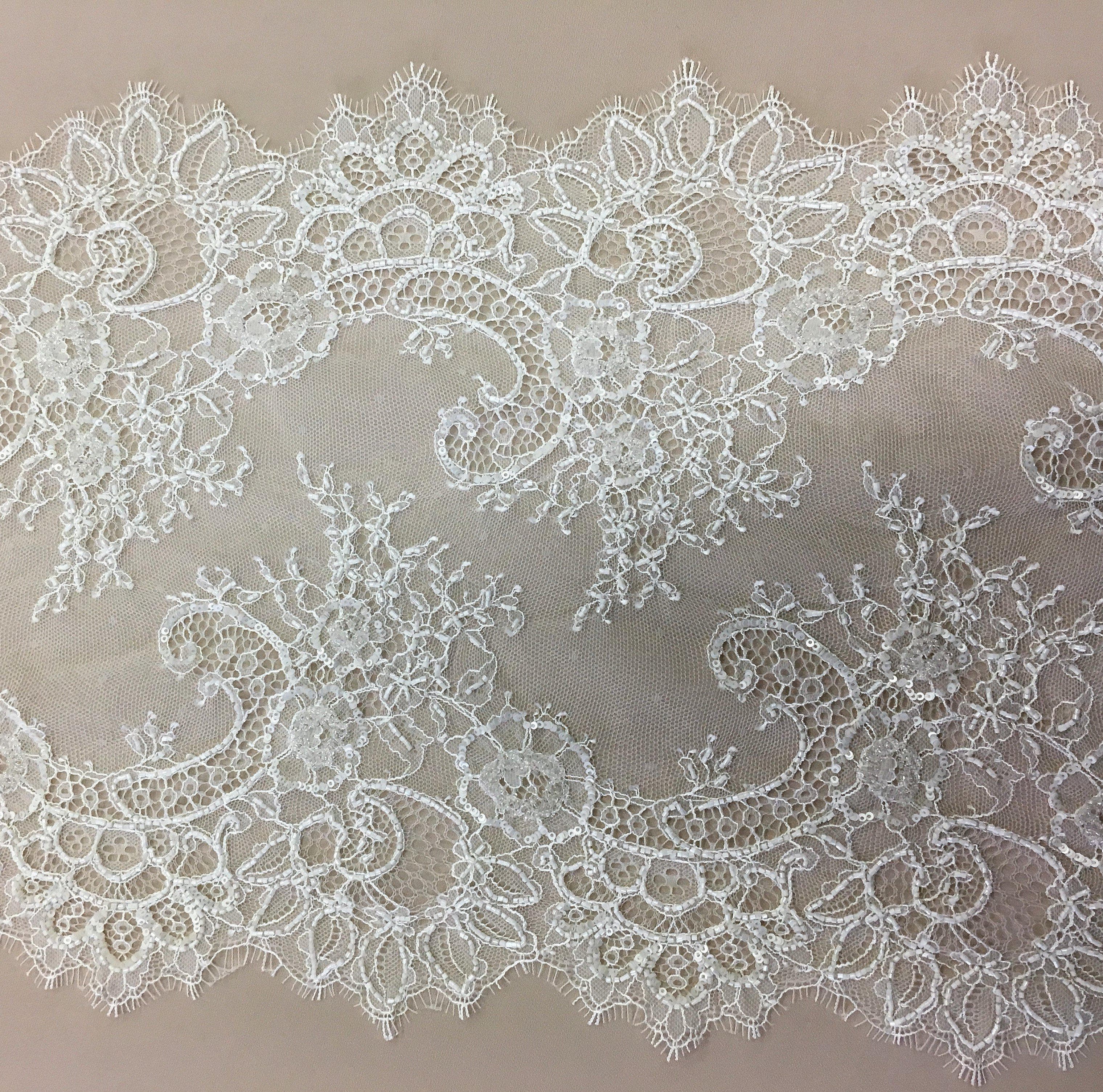 Light Ivory Beaded fine lace trim — featuring scalloped edges, eyelash detail and floral motifs, in nylon, 34cm wide