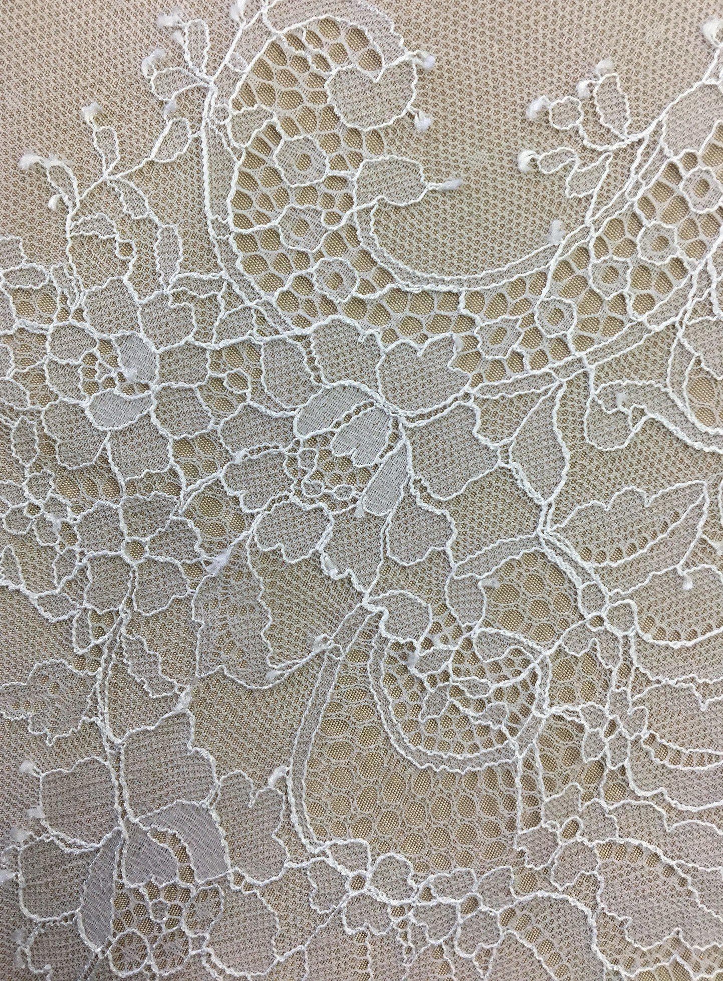 White Fine lace trim — featuring scalloped edges, eyelash detail and floral motifs, in nylon, 34cm wide