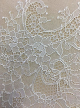 White Fine lace trim — featuring scalloped edges, eyelash detail and floral motifs, in nylon, 34cm wide