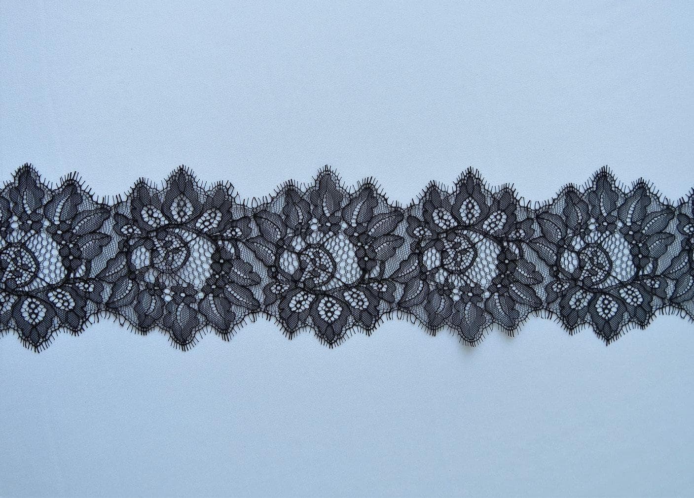 Black Fine floral lace trim — featuring scalloped edges, eyelash detail and floral motifs, in nylon, 13cm wide
