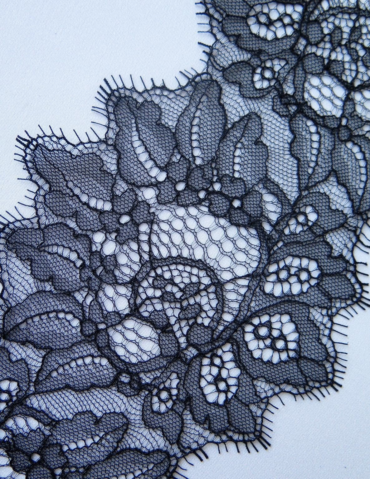 Black Fine floral lace trim — featuring scalloped edges, eyelash detail and floral motifs, in nylon, 13cm wide