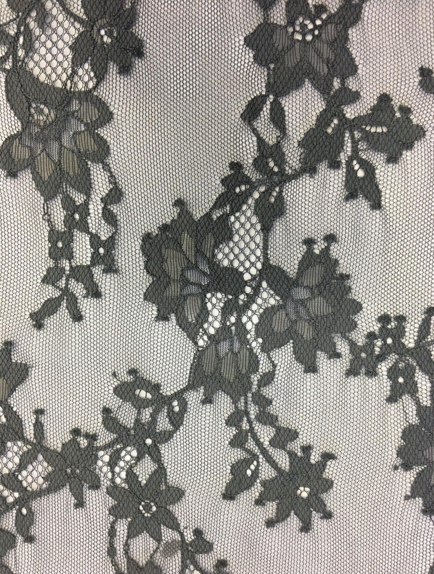 Steel Fine Floral Lace — featuring scalloped edges, eyelash detail and floral motifs, in nylon, 140cm wide