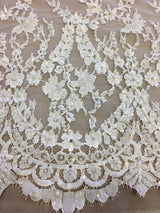 Ivory Beaded Fine Lace — featuring scalloped edges, eyelash detail and floral motifs, in nylon, 140cm wide