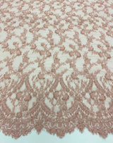 Rose Beaded Fine Lace — featuring scalloped edges, eyelash detail and floral motifs, in nylon, 140cm wide