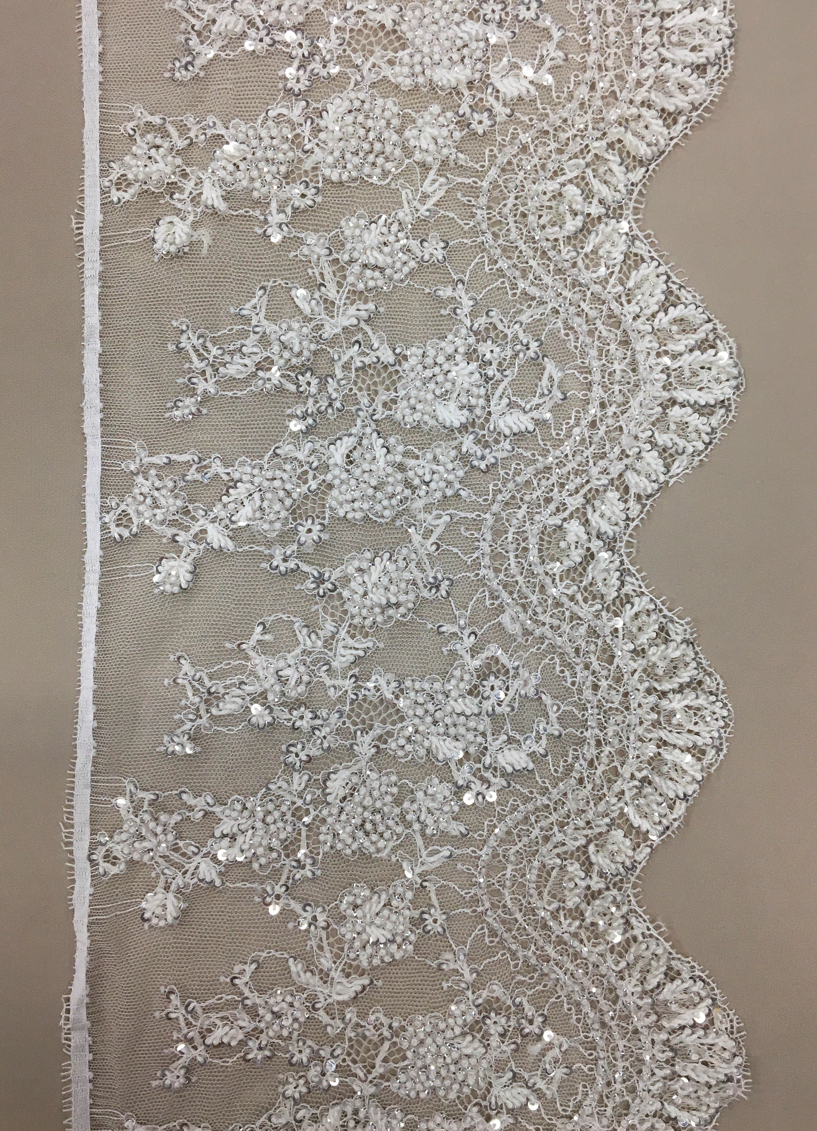 White Beaded French Chantilly Lace Trim — featuring scalloped edges, eyelash detail and floral motifs, in nylon, 20cm wide