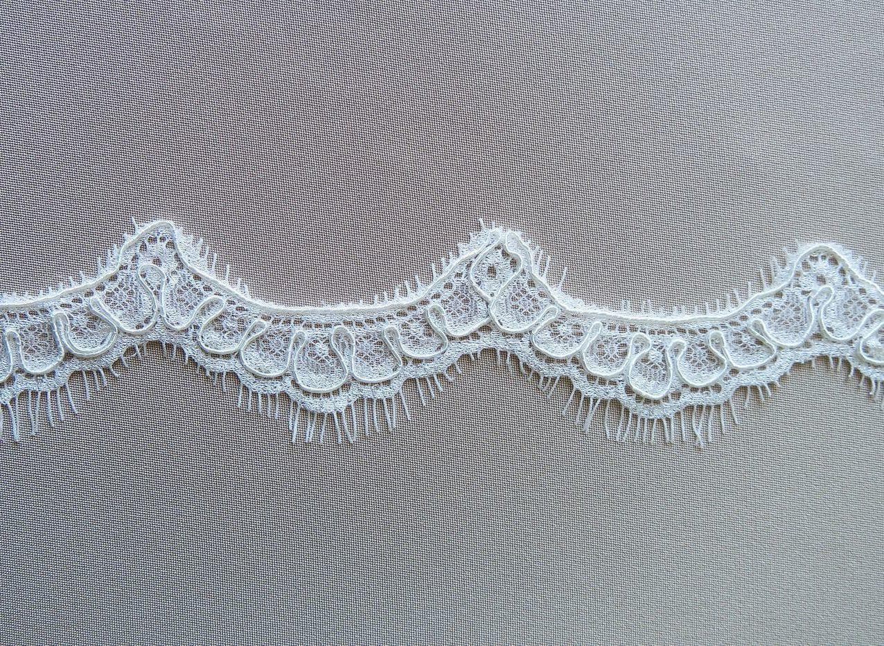 Light Ivory Corded Lace Trim — featuring scalloped edges, eyelash detail and floral motifs, in nylon and viscose, 3cm wide