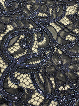 Black Navy Beaded Lace — featuring scalloped edges, eyelash detail and hand-beading, in nylon, 130cm wide