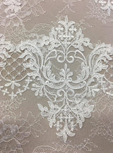 Ivory Floral Arabesque Fine Lace — featuring scalloped edges, eyelash detail, arabesque scrollwork and floral motifs, 130cm wide