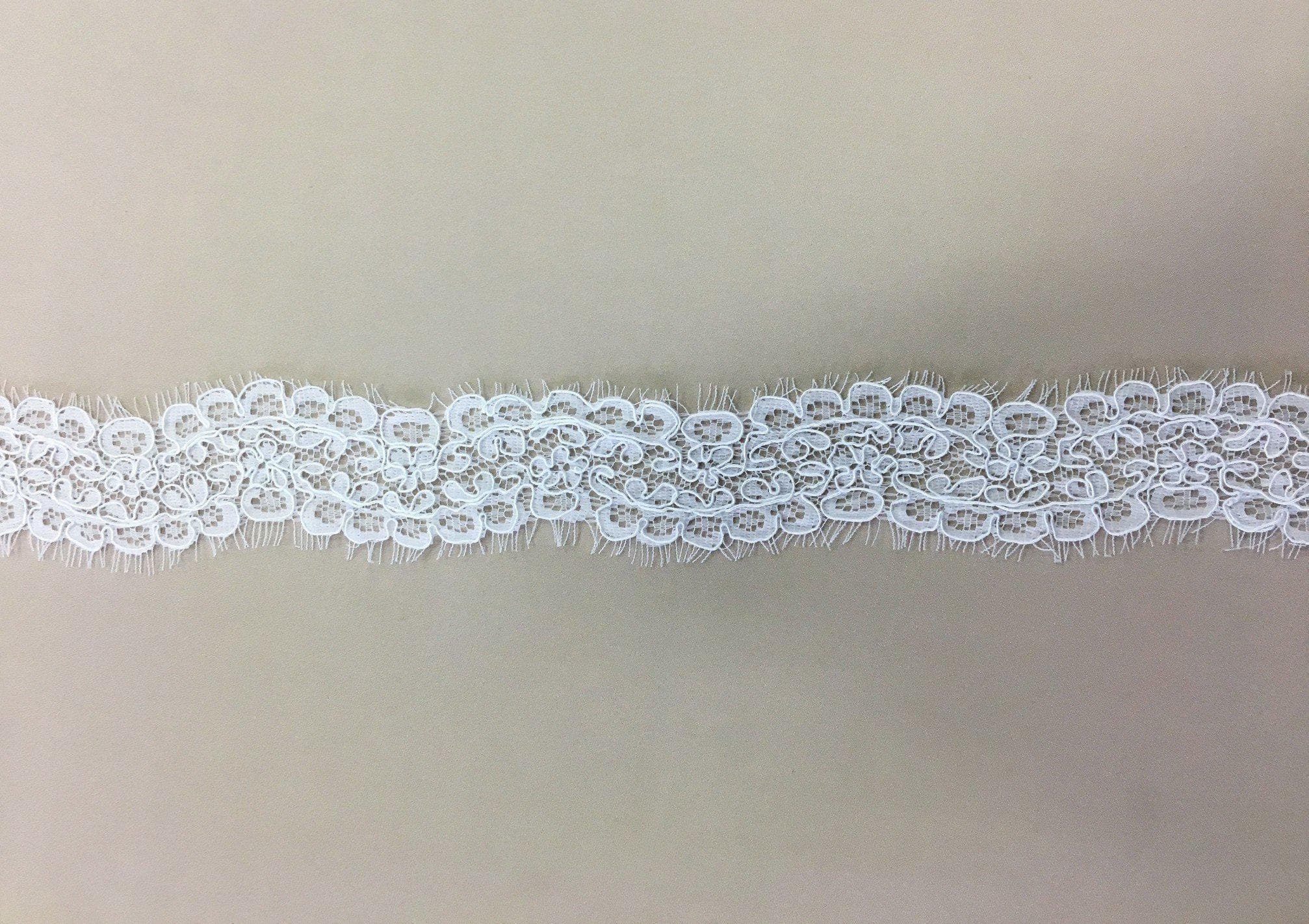 White Corded Lace Trim — featuring scalloped edges, eyelash detail and floral motifs, in nylon, 5cm wide