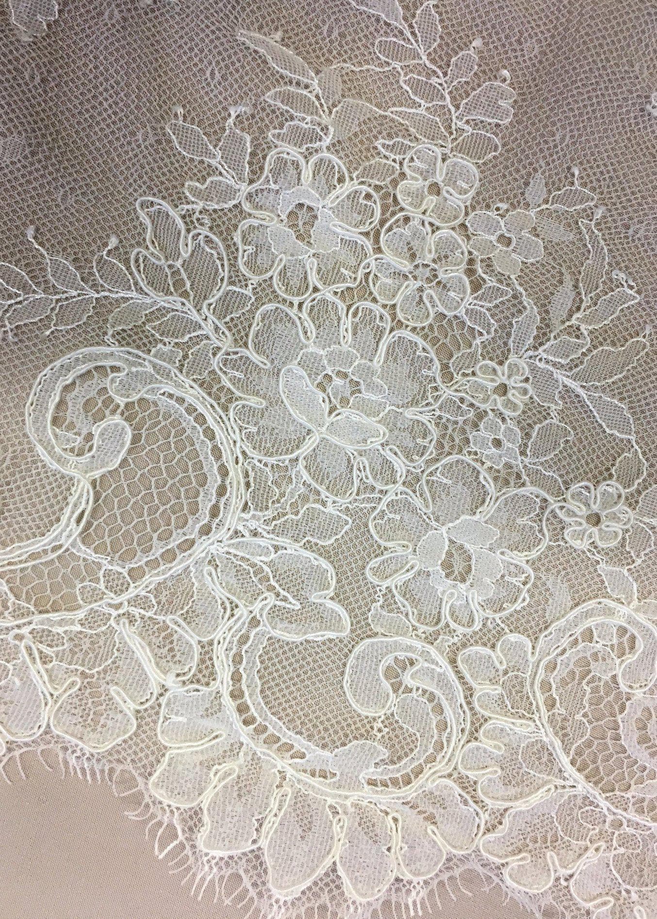 Ivory Fine Corded Lace Trim — featuring floral motifs and a corded texture, in nylon and viscose, 36cm wide