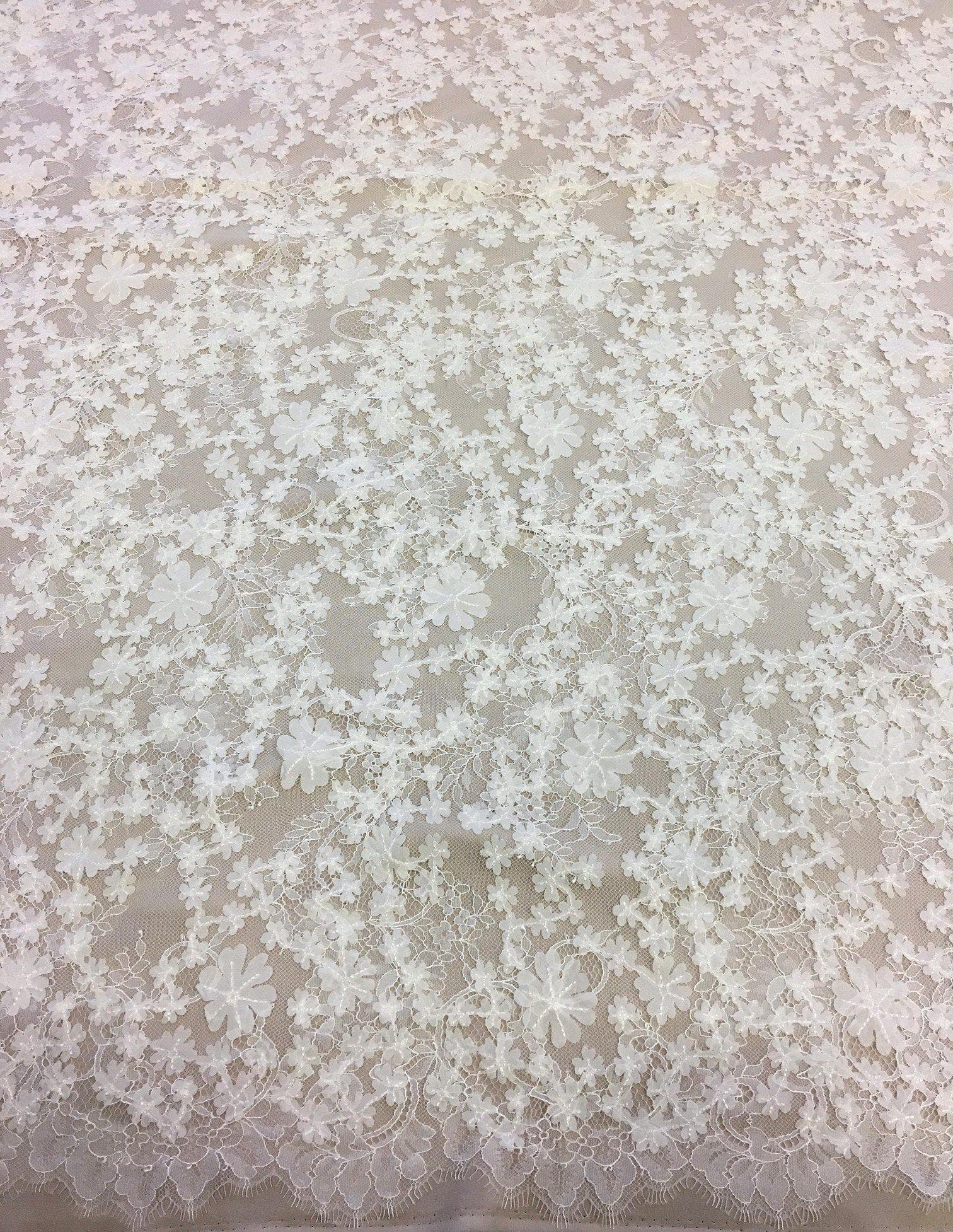 Ivory 3D Floral Lace — featuring scalloped edges, floral motifs and a 3D floral design, in nylon and viscose, 130cm wide