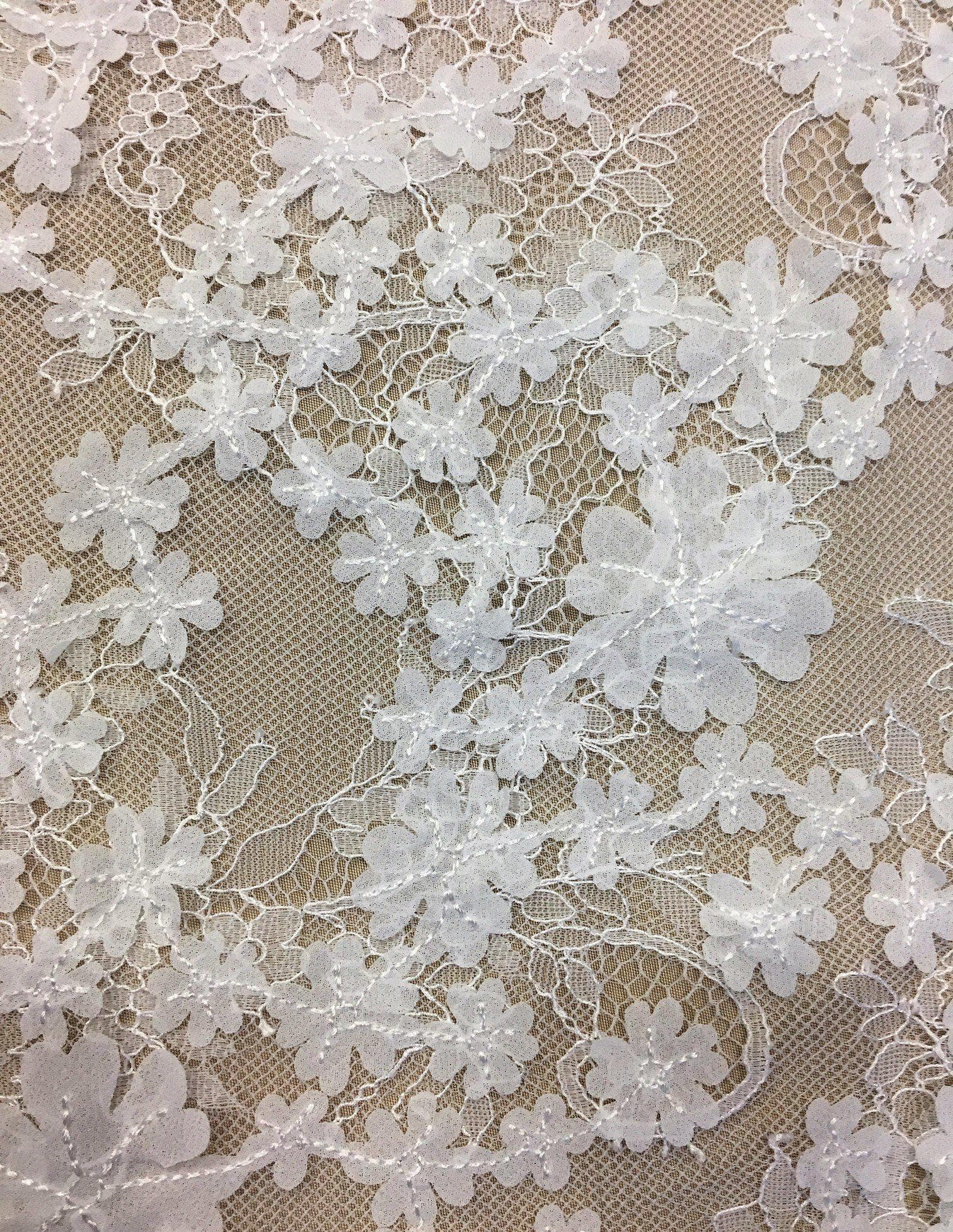 White 3D Floral Lace — featuring scalloped edges, floral motifs and a 3D floral design, in nylon and viscose, 130cm wide