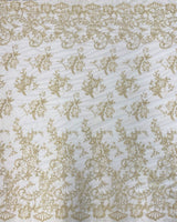 Ivory / Gold Beaded Lace — featuring scalloped edges, eyelash detail and floral motifs, in nylon, 145cm wide