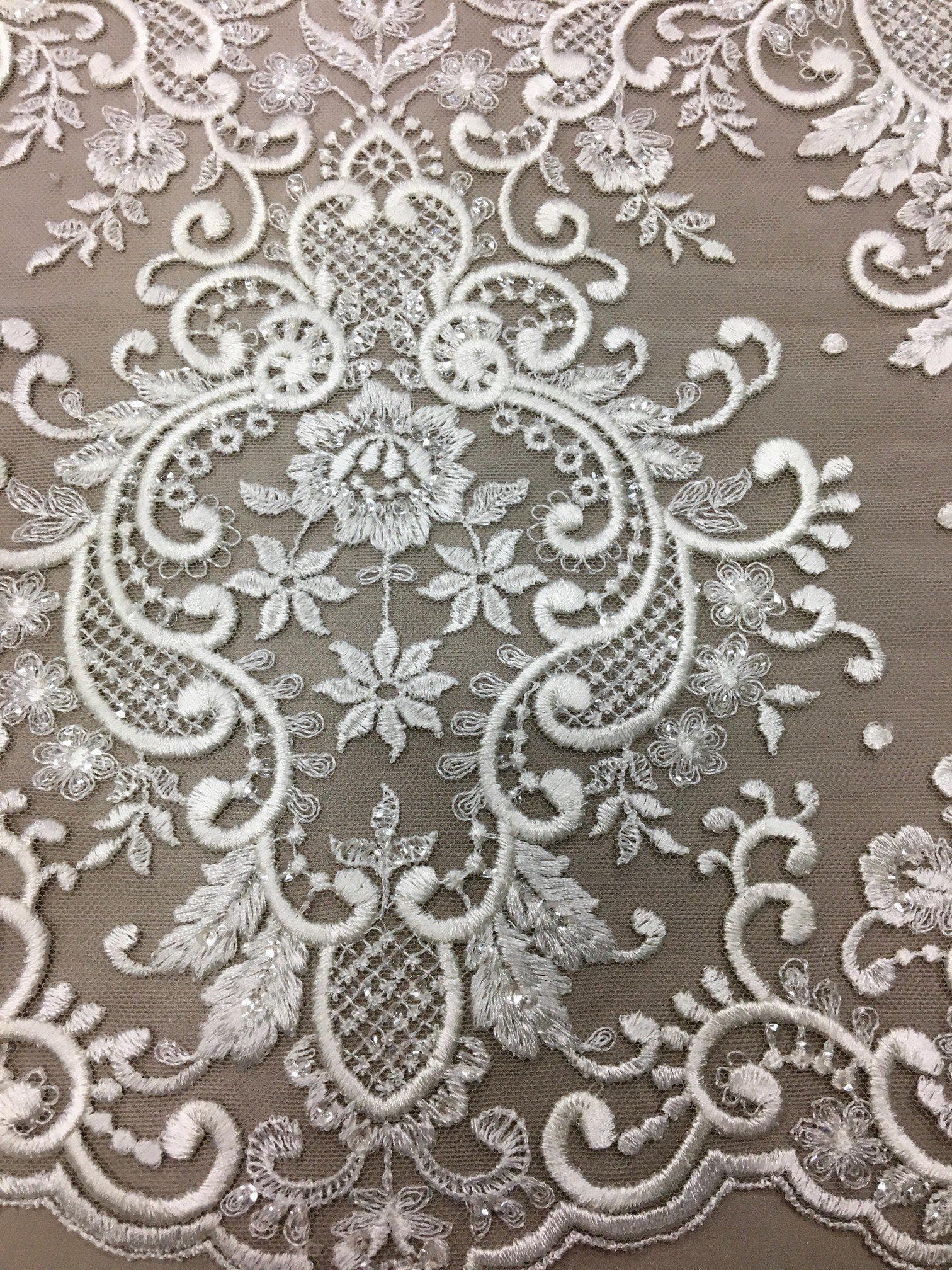 Ivory Beaded Lace Trim — featuring scalloped edges, eyelash detail and floral motifs, in nylon and viscose, 42cm wide