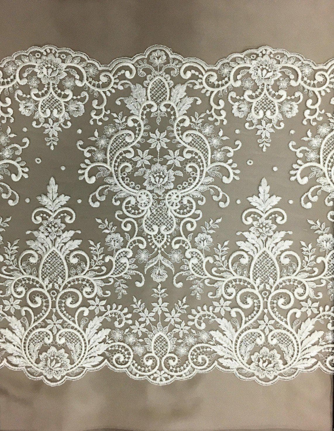 Ivory Beaded Lace Trim — featuring scalloped edges, eyelash detail and floral motifs, in nylon and viscose, 42cm wide