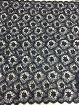 Navy Beaded Lace — featuring scalloped edges, eyelash detail and floral motifs, in nylon and viscose, 140cm wide
