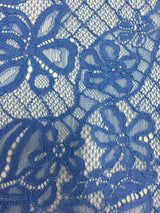 Blue Lace — featuring scalloped edges, a leaf design and a corded texture, in cotton, nylon and viscose, 145cm wide